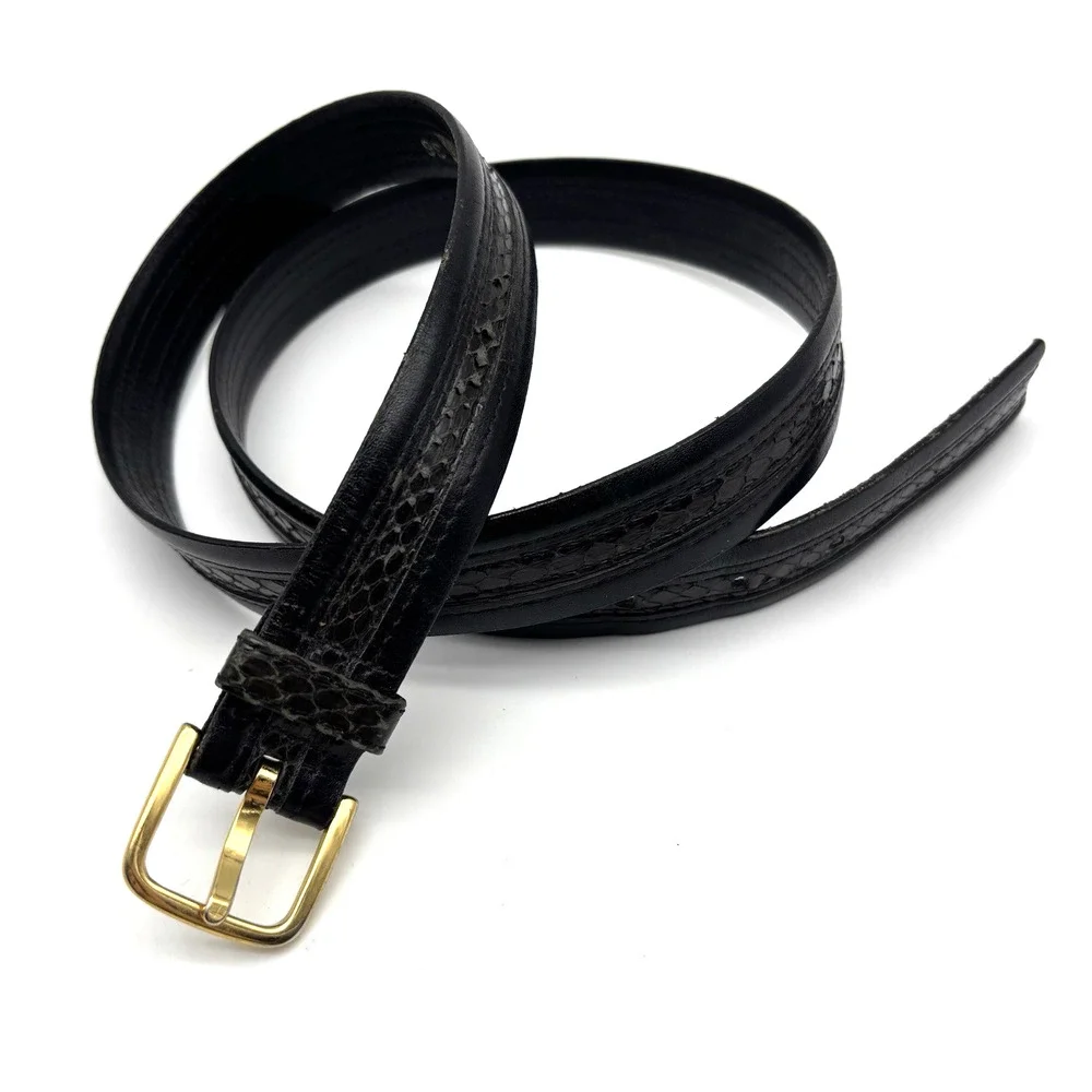 Vintage 80s Black Genuine Snakeskin Leather Bass Buckle Belt 33.5-37
